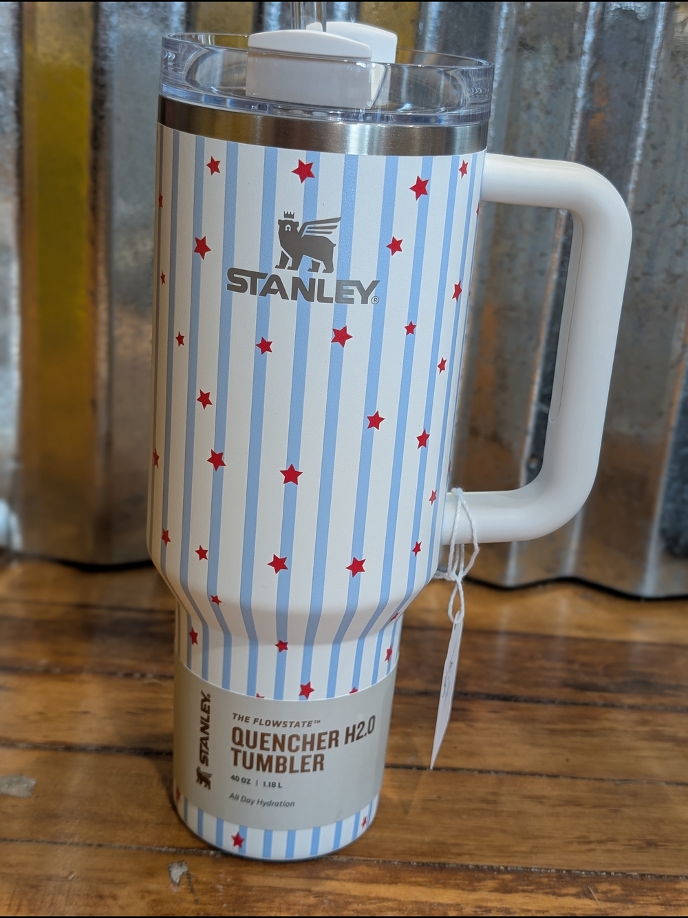 Stanley White Tumbler with Light Blue Stripes and Red Stars